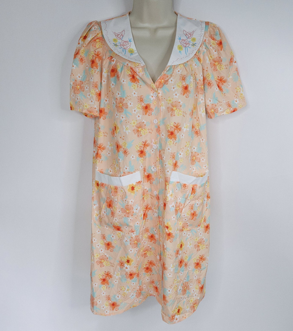 House Dress Pajama Womens Medium Peach Floral Button Front Pocket Short Sleeve